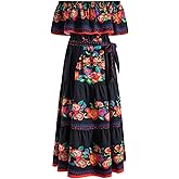 Women Mexican Dress Off Shoulder Floral Long Maxi Dress Cinco de Mayo Dresses with Belt