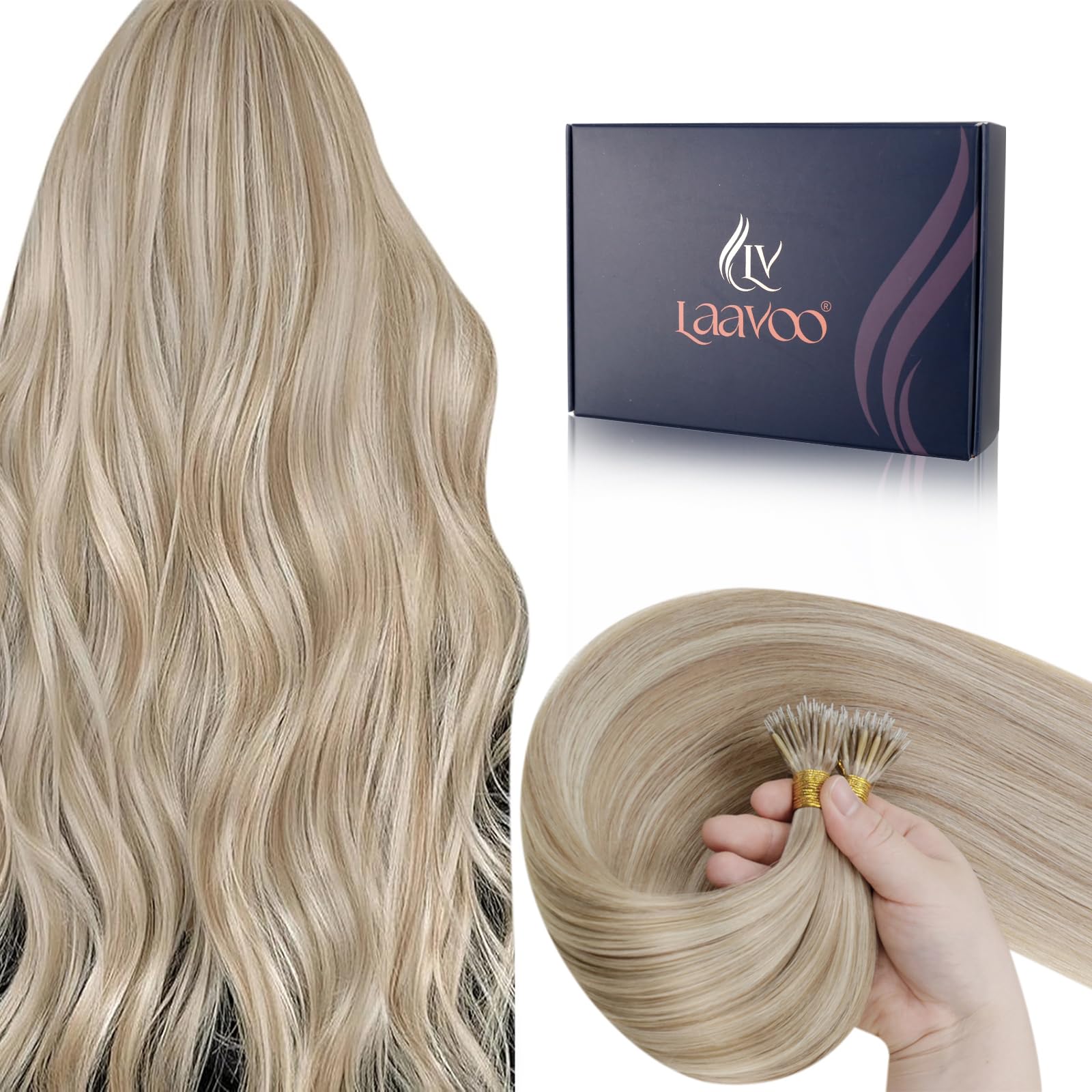 LaaVoo Nano Hair Extensions Real Human Hair Blonde Nano Ring Hair Extensions 22 Inch Remy Straight Invisible Highlight Ash/Platinum Blonde Nano Beads Extensions 50s 50g #18/613 — image 1