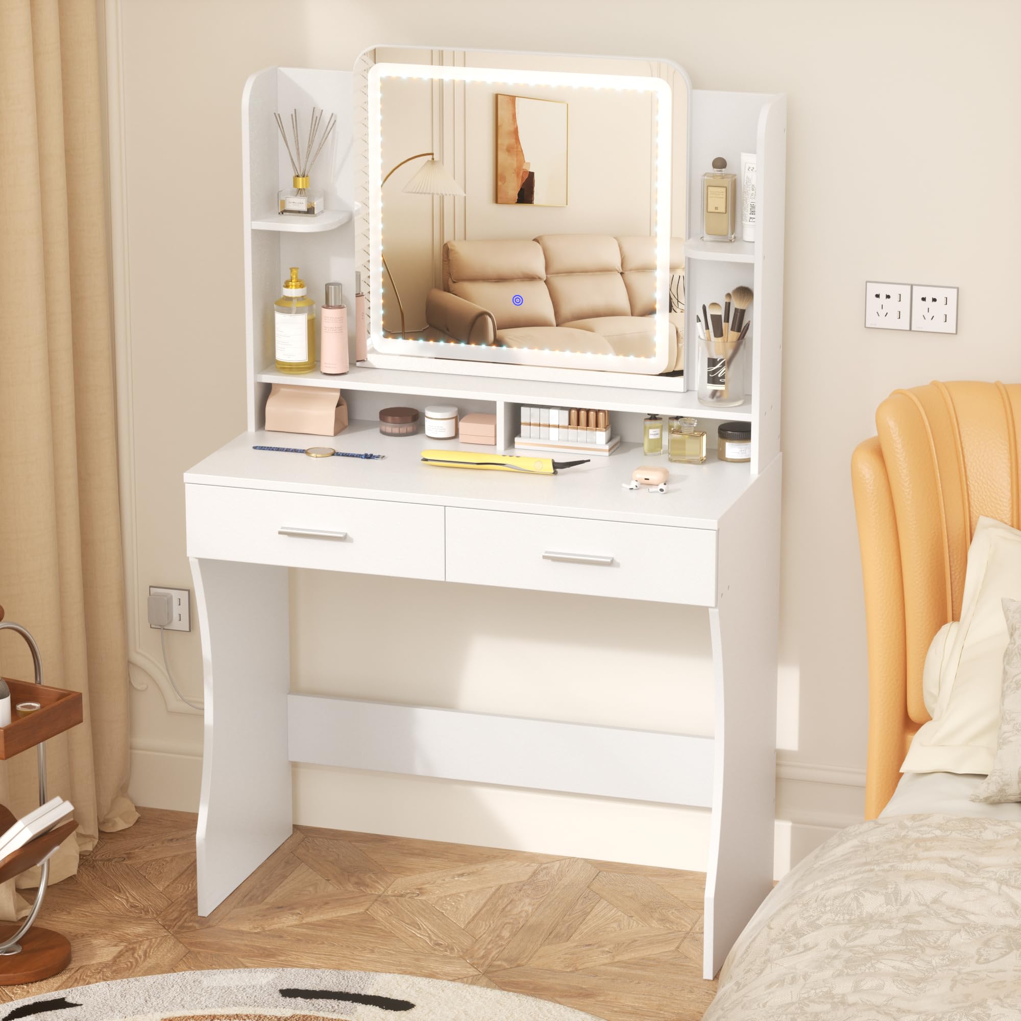 Photo 1 of ***Similar***
Superday Vanity Desk with Mirror and Lights, Small Makeup Vanity Table Set with Storage Drawers, 3 Lighting Modes & Adjustable Brightness, Vanity Desk with 2 Large Drawers for Women, Girls?White?