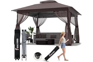 FUNG YARD 11x11 Outdoor Pop Up Gazebo - Instant Canopy Tent with Mosquito Nettings, Double Roof Vented Patio Gazebo Canopy Shelter for Backyard Shade Deck Garden Lawns (11x11ft Brown)