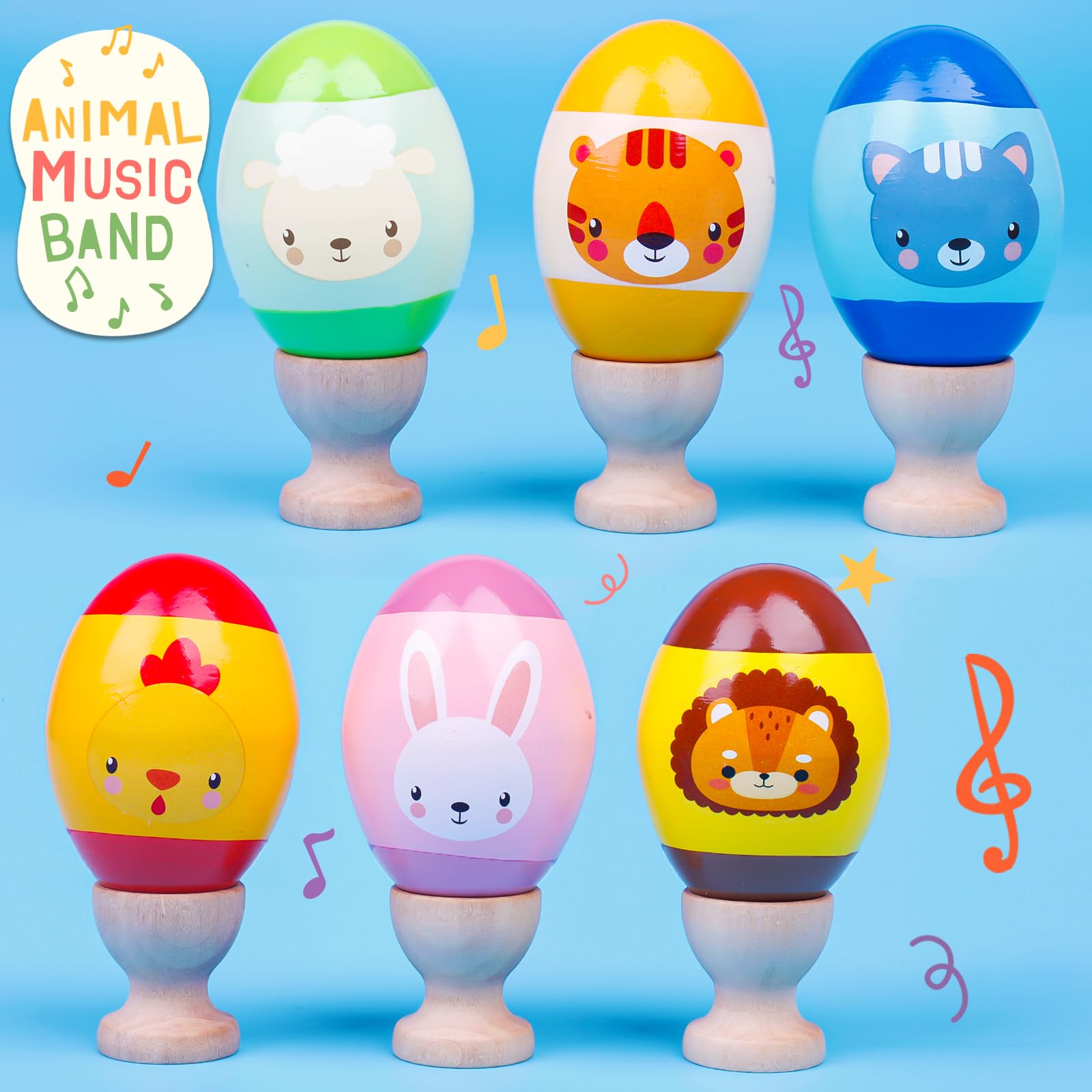 Exun 6 Pack Wooden Percussion Musical Animal Shake Eggs Easter Egg Shakers for Kids Boys Girls Toddlers Easter Gifts, Easter Basket Stuffers Fillers, Party Favors, Easter Hunt, Classroom Prize