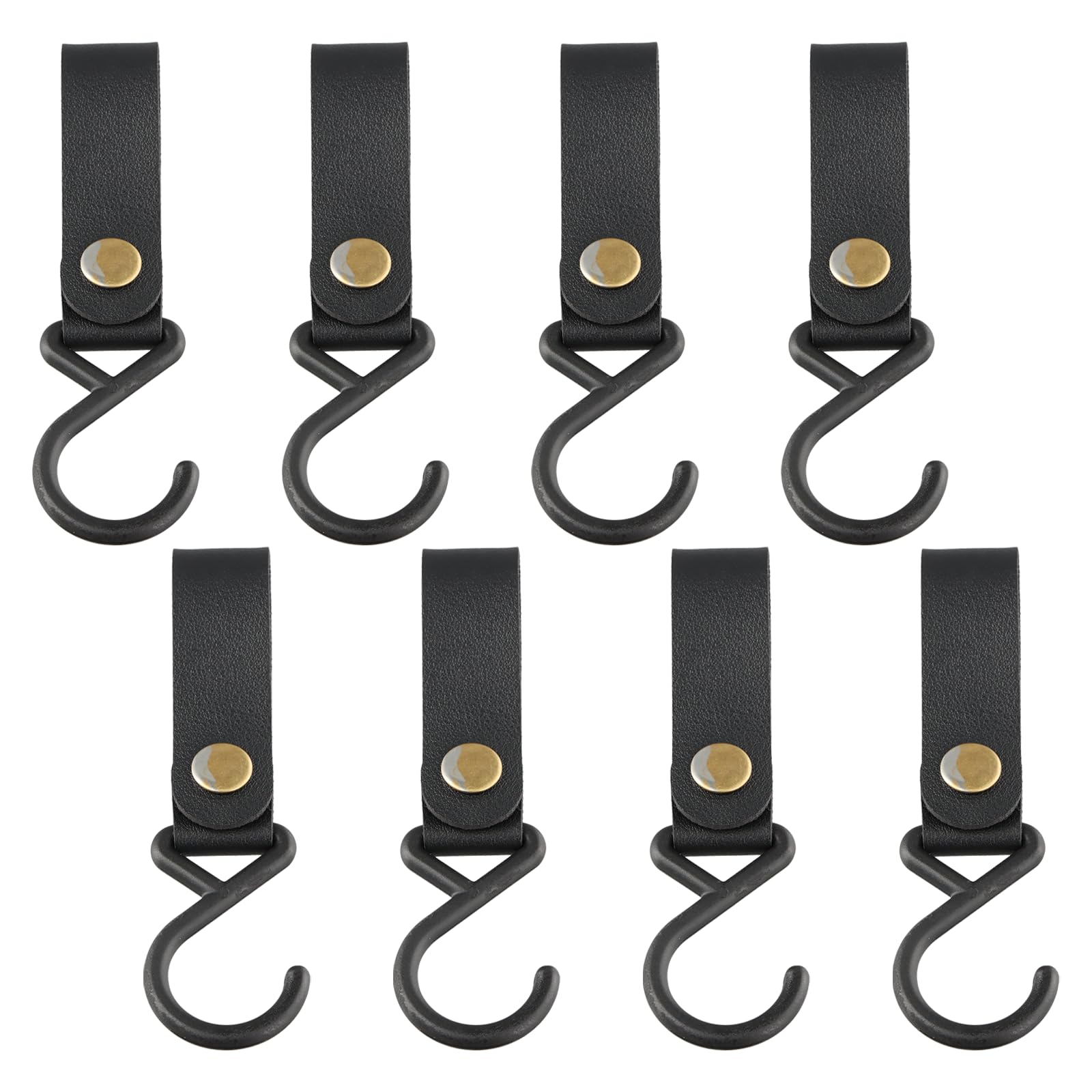 S Hooks, 8 Pieces, Black, Metal & Leather, S Shaped, Suitable for Bathrooms, Bedrooms, Office & Kitchen