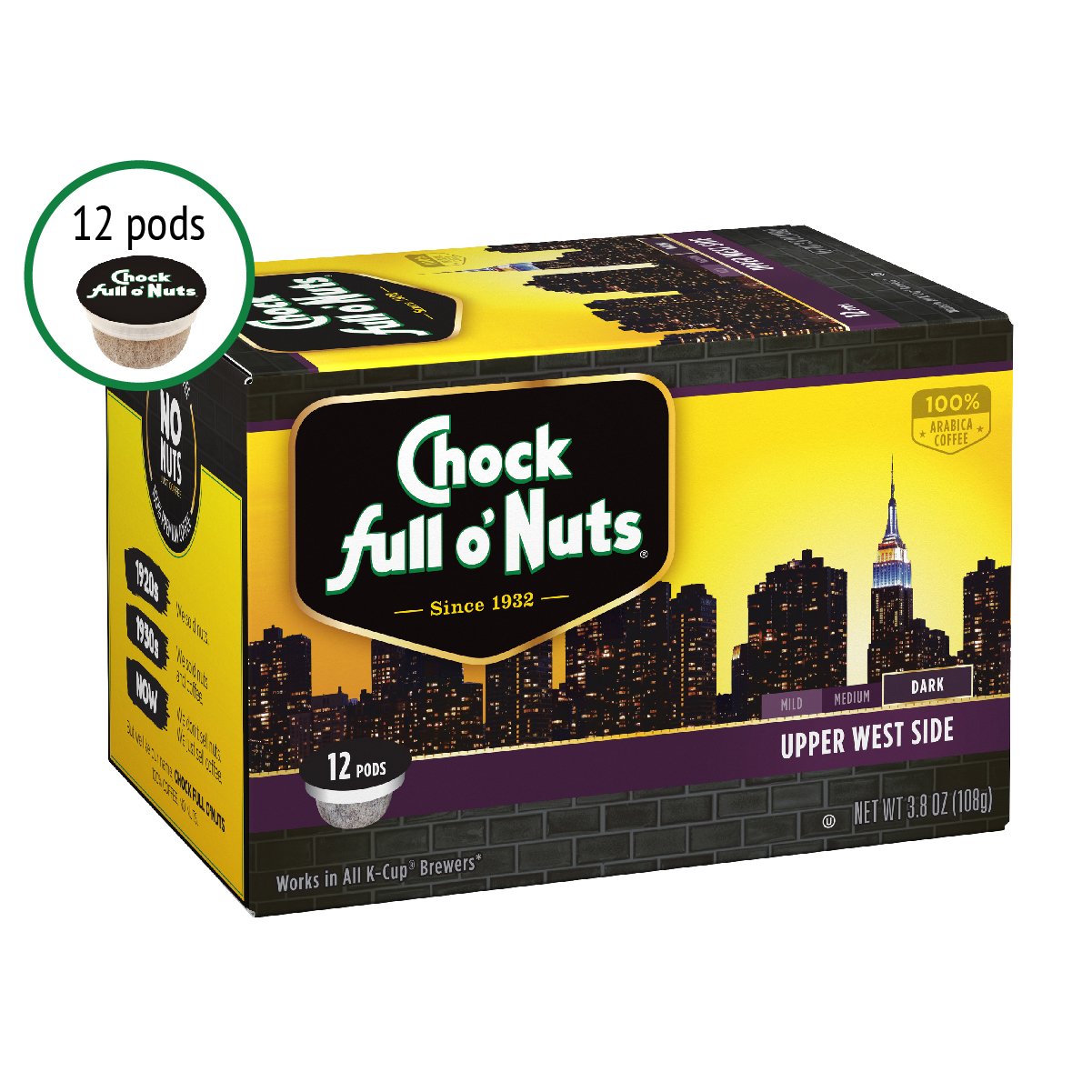 Chock Full o’Nuts Single Serve Coffee Pods, Upper West Side Dark Roast - Premium Arabica Coffee - Compatible with Keurig K-Cup Brewers (72 Count)
