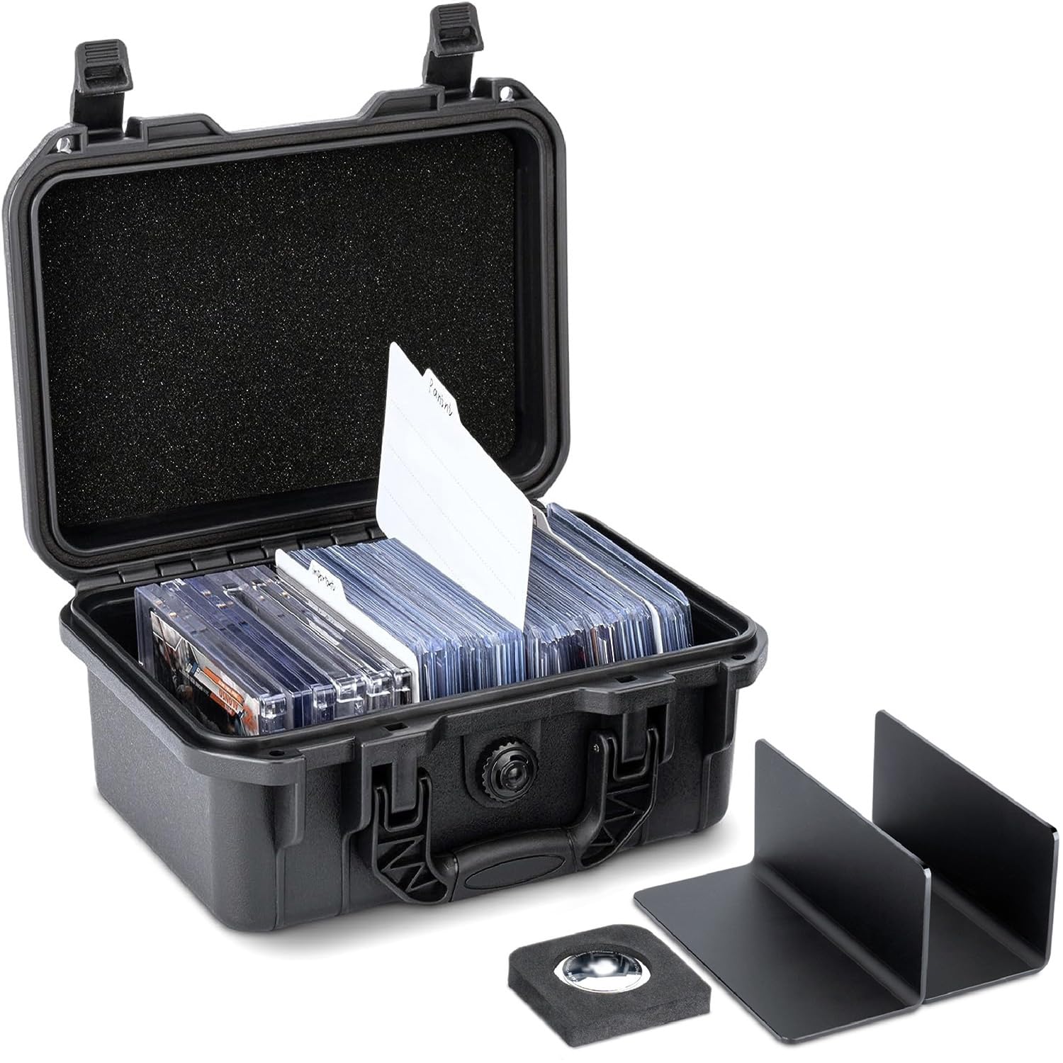 Kiorafoto Graded Card Storage Case - Hard Case, IP67 Waterproof Trading Card Storage Box for 100+ 3"x 4" 35pt TOPLOADER or 15+ 180pt ONE-TOUCH Magnetic Card Case with Two Mobile Dividers and Labels