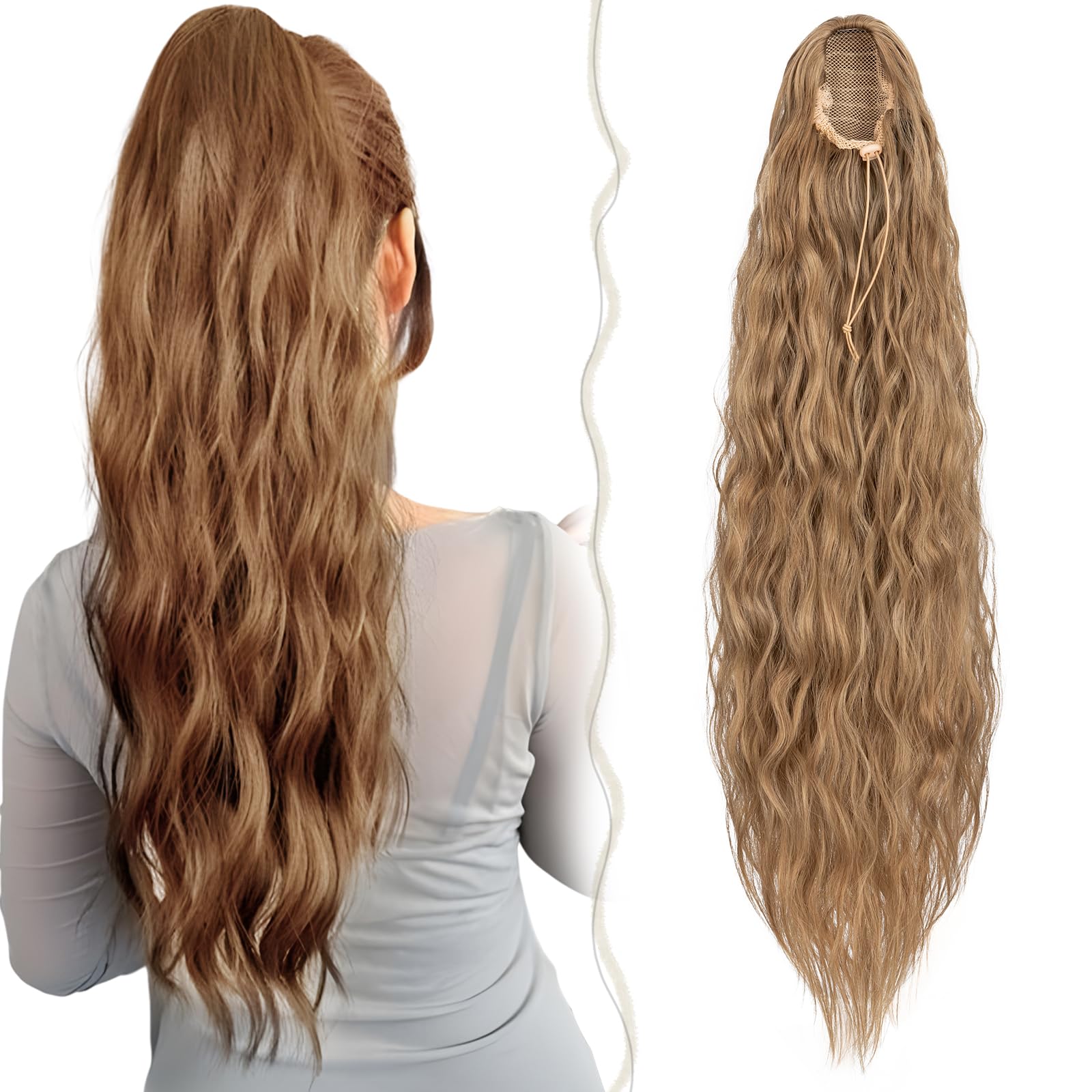 TESS 32 Inches Drawstring Ponytail Extension, Corn Curl Hair Pieces for Women, 155g Curly Ponytail Extension， Light Brown — image 1