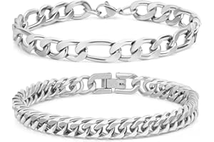 Aospkle 2PCS Cuban Link Figaro Bracelet, Silver Gold Black Sturdy 316L Stainless Steel Cuban Link Chain for Men Jewelry Set with Gift Message Card 8mm, 7/8/9 Inches