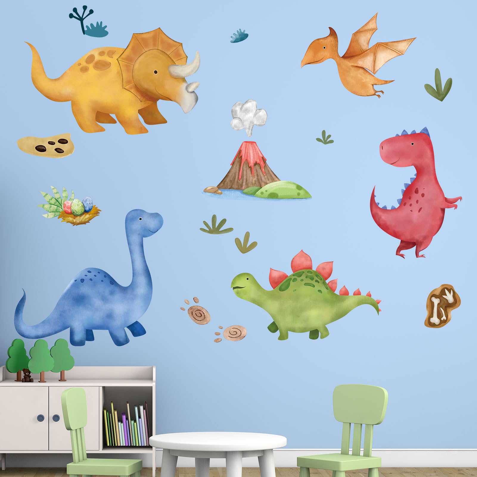 Dinosaur Kids Wall Stickers for Boys: Peel and Stick Volcano Cave Dino Eggs Wall Decals - Wall Art Decor Kids Supplies Ages 1-12 Year