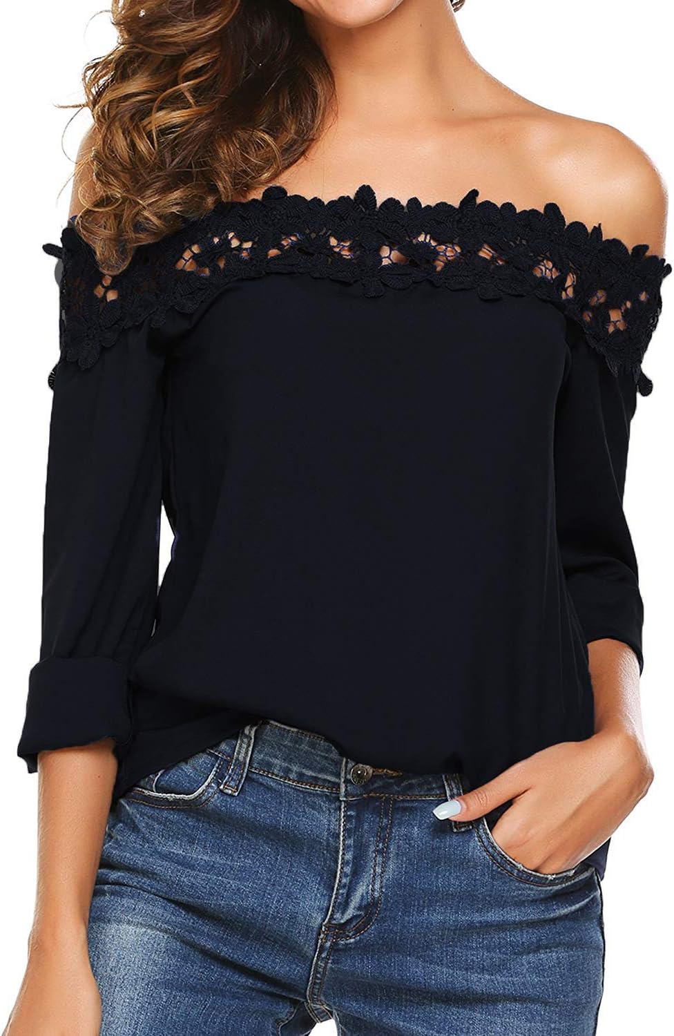 Womens Casual Lace Patchwork Long Sleeve Off Shoulder Tops Chiffon Shirt