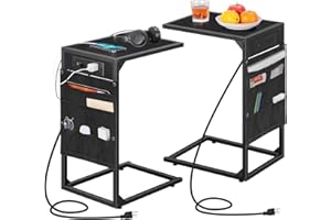 LING RUI C Shaped End Table Set of 2 with Charging Station and Storage Bag Side Table Living Room with USB Ports and Outlets Couch Tables That Slide Under, Small Snack Table for Small Spaces Black