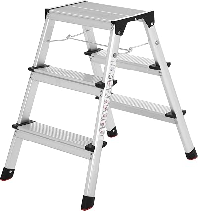 SONGMICS 3 Step Aluminium Ladder 150 kg Load Capacity Silver Black GLT23K