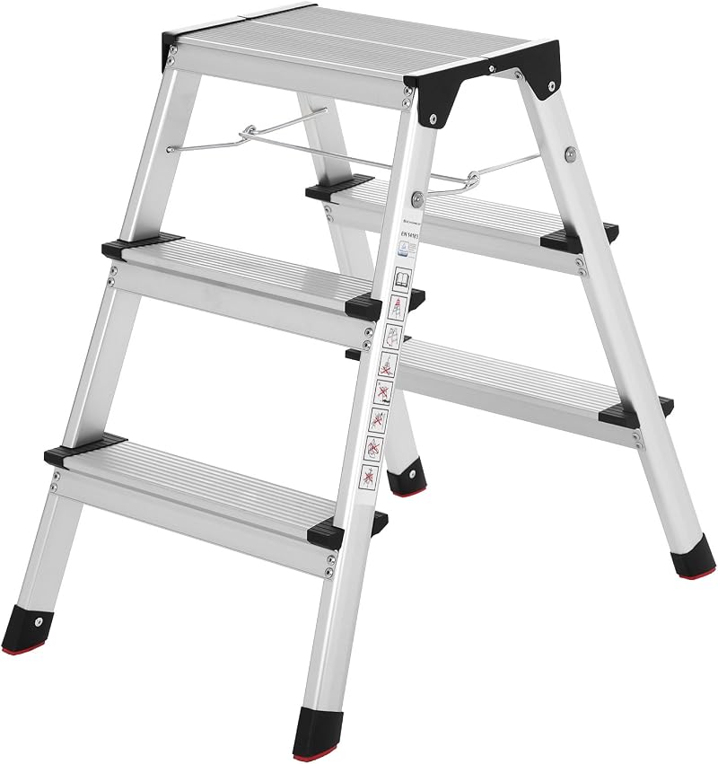 SONGMICS 3 Step Aluminium Ladder 150 kg Load Capacity Silver Black GLT23K