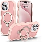 UEEBAI Magnetic for iPhone 16 Pro Max Case, [Compatible with MagSafe] [Built-in Kickstand] Translucent Wave Design Wavy Frame Matte Drop Protect Phone Case - Pink