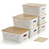 Bagnizer Small Plastic Storage Bins with Bamboo Lids 5.2qt Stackable Box Basket Pantry Decorative Containers Cute with Lable for Organizing Desktop Closet Office Cream White of 6 packs 10*7.2*4.1'’