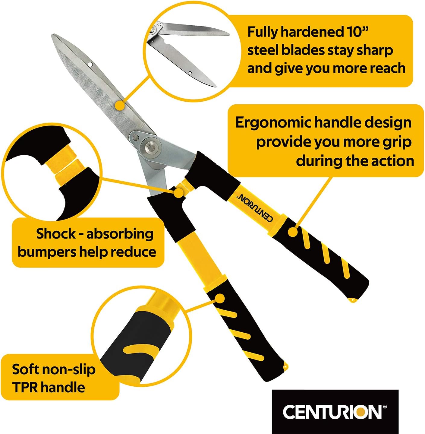 Centurion 208 Hedge Shears with 10-inch Blade, Shock-Absorbing Bumper Aluminum Handles for Trimming Borders, Boxwood, Bushes, Manual Hedge Clippers with Comfort Cushioned Grips : Garden & Outdoor