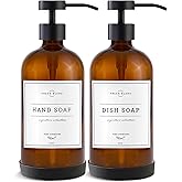 Vine Creations Amber Glass Soap Dispenser Set - Kitchen Soap Dispenser Set with Stainless Steel Pump - 16 oz Dish Soap and Hand Soap Dispensers for Bathroom with Silicone Pad & Waterproof Labels