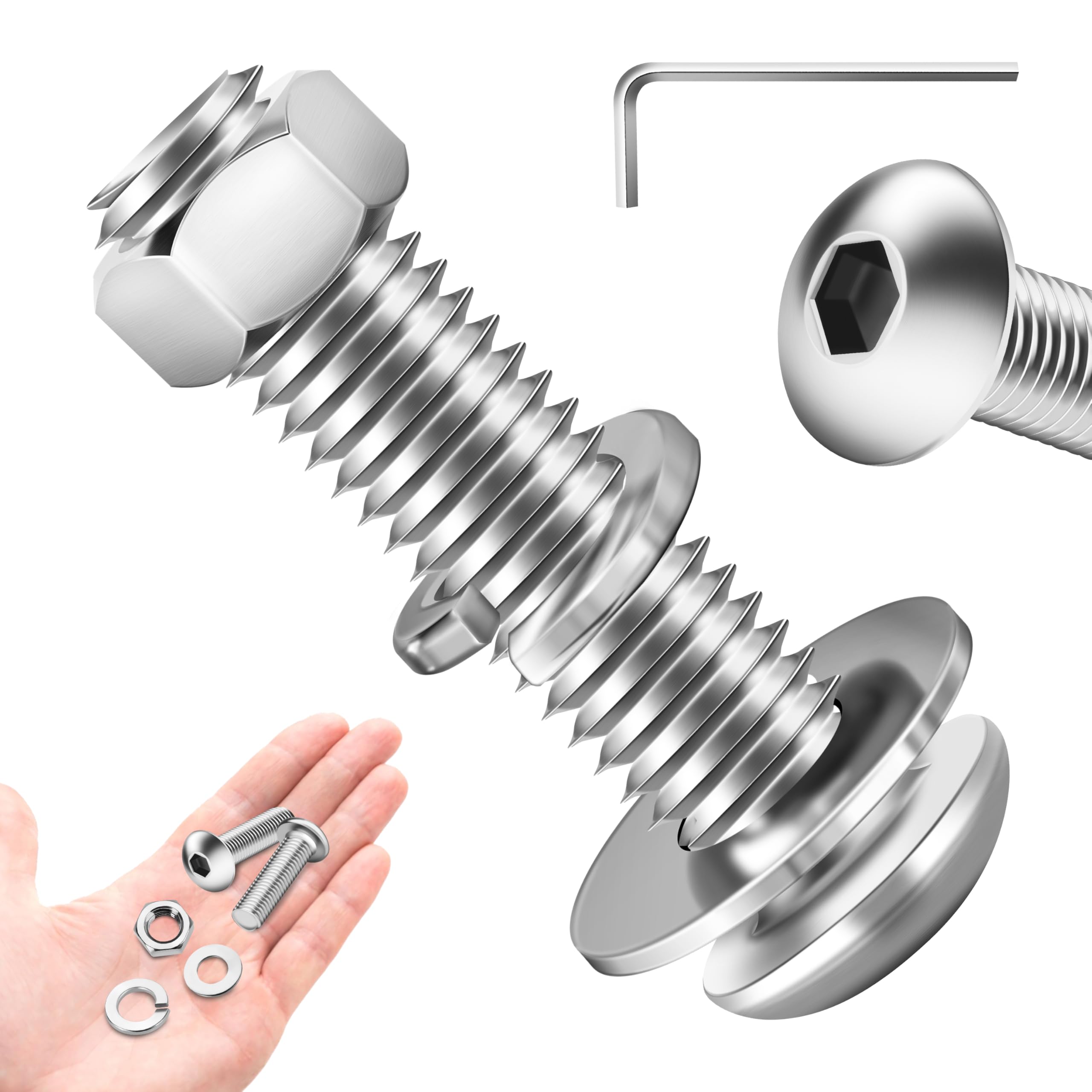 Photo 1 of (20 Sets) 3/8-16 Bolt, 3/8 x 1-3/4" Button Head Socket Cap Bolts Screws, 3/8 Bolts and Nuts Set, Fully Threaded, 304 Stainless Steel 18-8, Assorted Bolts Nuts and Washers Kit by Marysino
