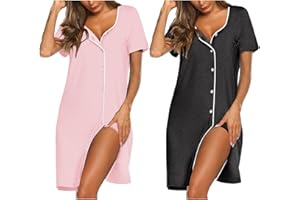 Ekouaer 2 Pack Nightgowns for Women Button Sleepshirt Short Sleeve V Neck Nightshirt Soft Sleepwear Lounge Dress S-XXXL