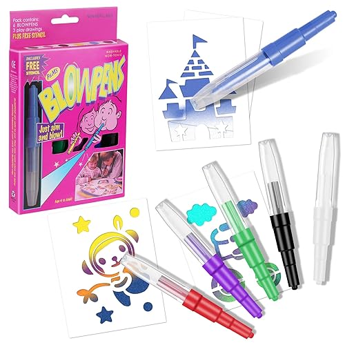 OSDUE Graffiti Pen, Airbrush Marker Set 6 Colours, 6 Felt-Tip Pens, 4 Stencils, Washable Watercolor Paints, Blow Out Coloring with Reusable Stencils