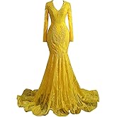 Ikerenwedding Prom Dresses Glitter Sequin Long Sleeves Pageant Mermaid Evening Party Gown Yellow US16W
