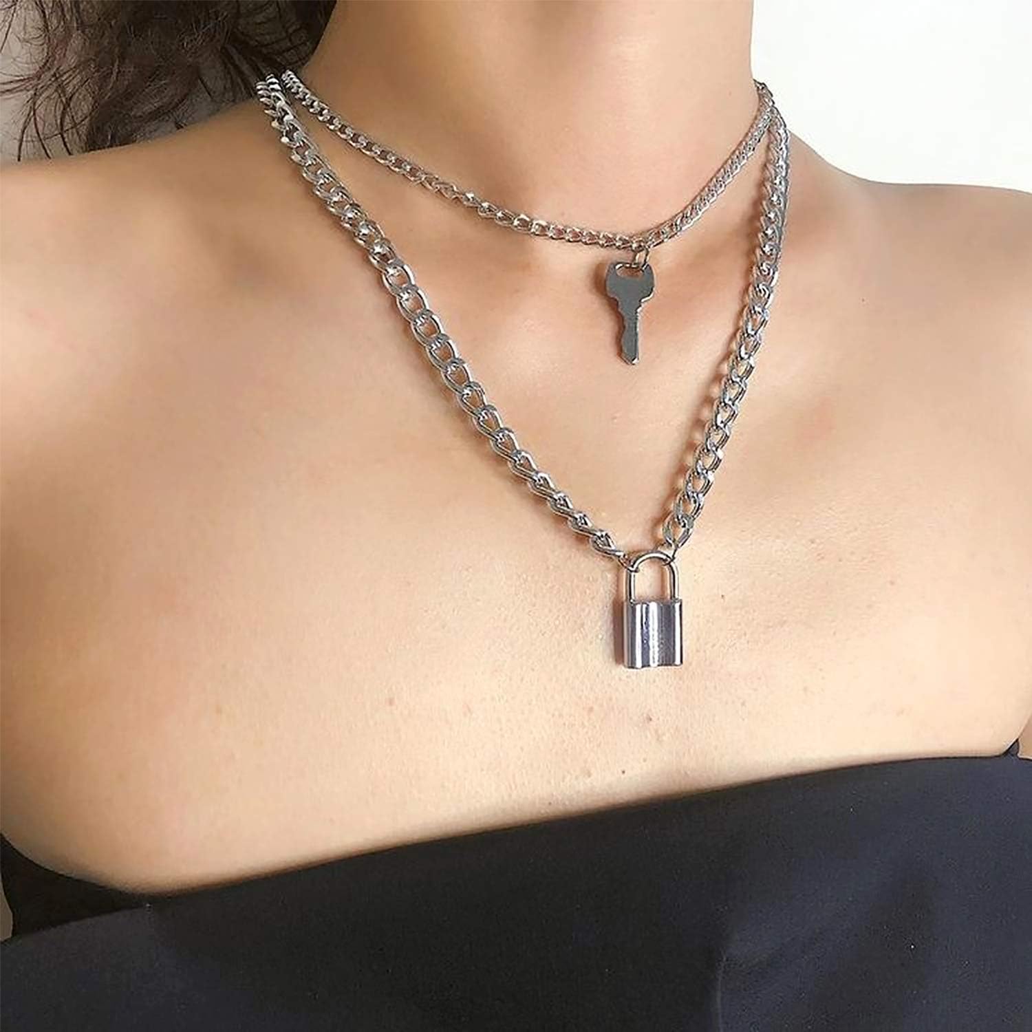 BVROSKI Lock Chain Necklace, Egirl Chains, Statement Lock Key Pendant Necklace Silver Set Eboy Long Multilayer Chains Punk Choker 2 Set(5 Layer) | 