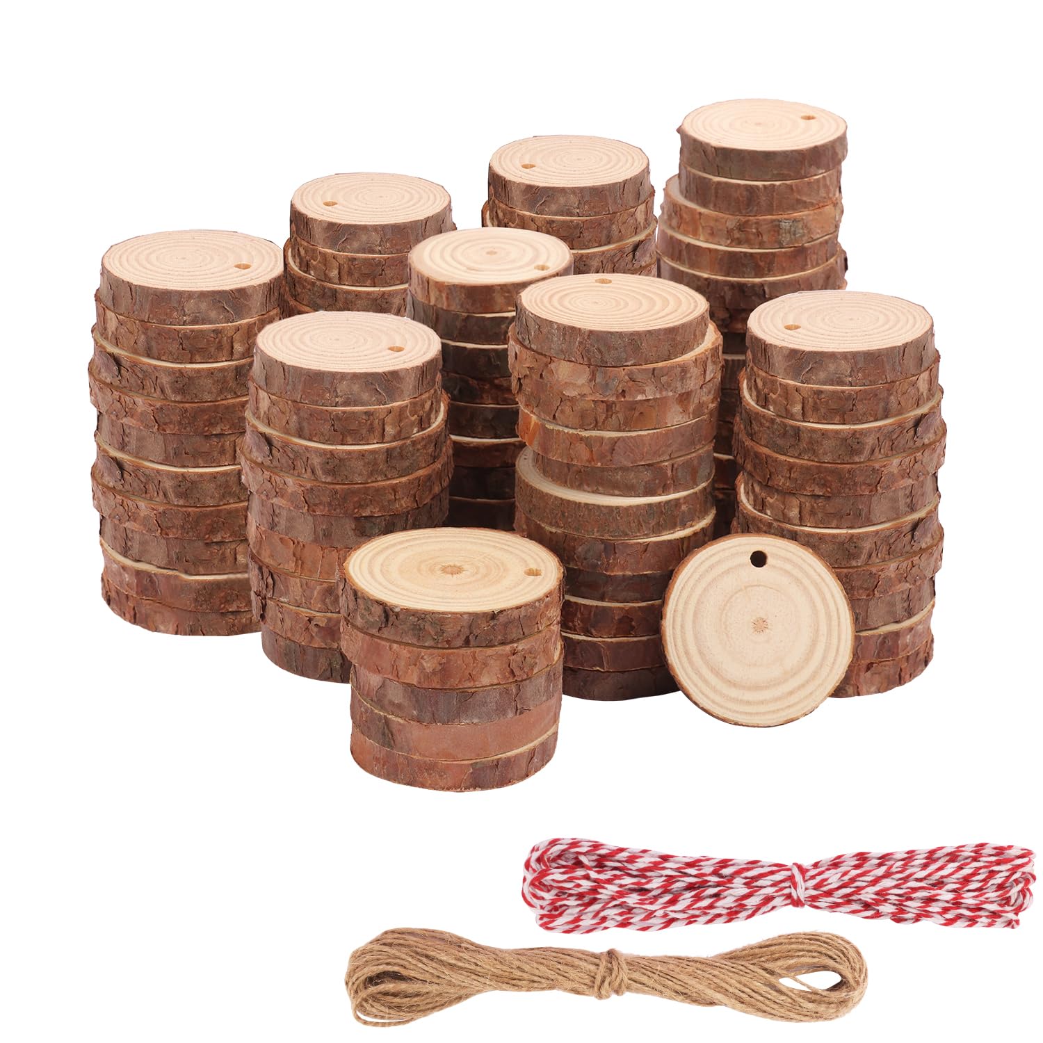 Photo 1 of 120 PCS 2-2.4 Inch Unfinished Wood Slices, Natural Wood Slices, Predrilled with Hole Wood Slice for DIY Arts Craft Christmas Ornaments