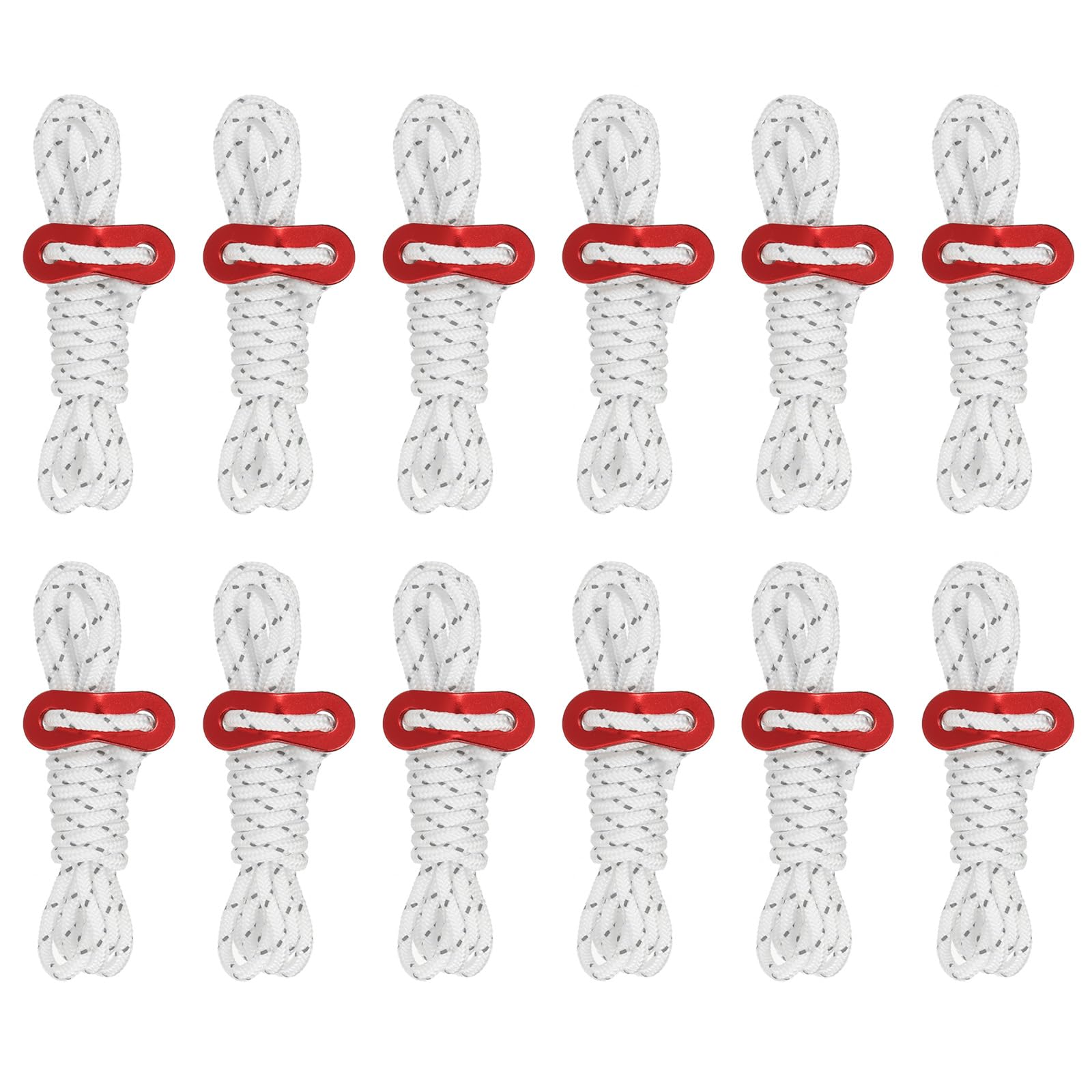 PATIKIL 4mm Tent Rope, 12 Pack 6.5ft Reflective Guyline Cord Tied Downs Rope Paracord Cord Camping Ropes with Red Aluminum Cord Adjusters for Camping Hiking Tent, White