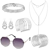 Gvhntk 6 Pieces 70s Gold Disco Accessories Set for Women 1970s Disco Costume Accessory Dangle Earrings Layered Necklace Bangle Bracelets Diamond Glasses Sequin Headband for Party Halloween Cosplay