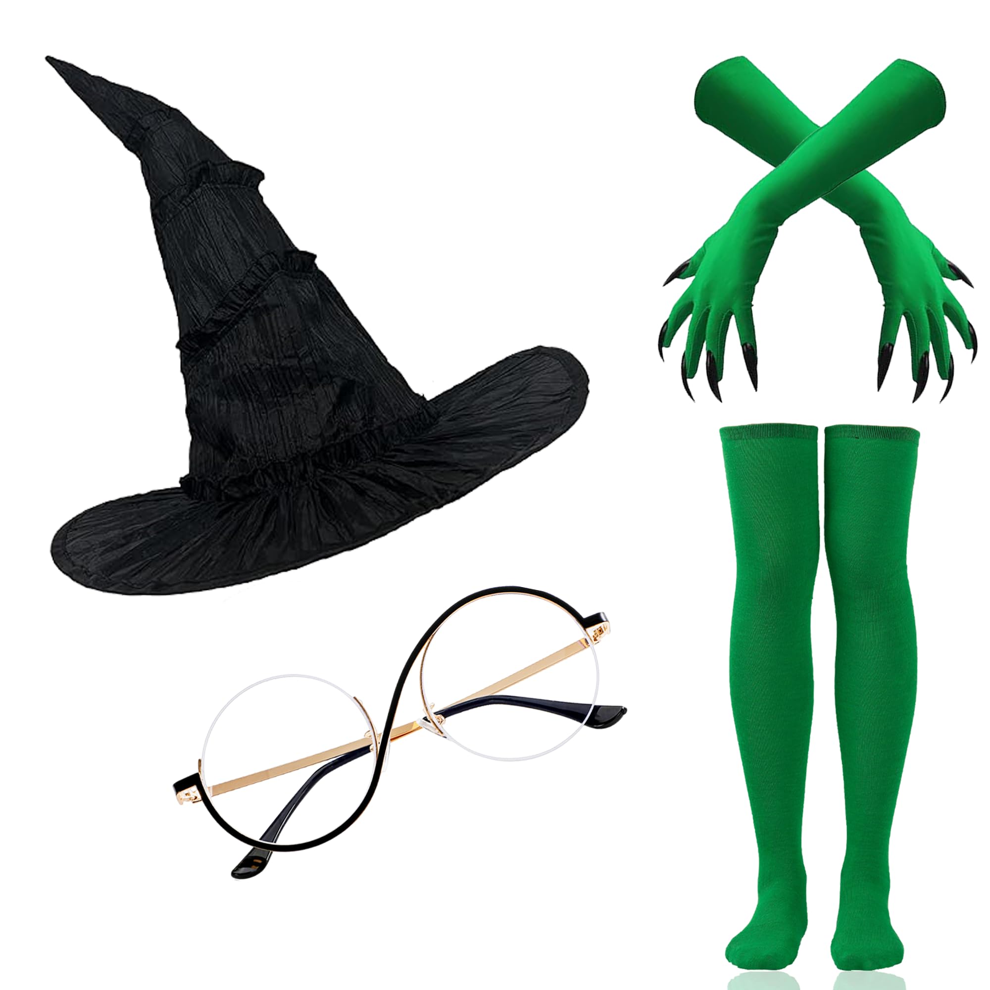 Photo 1 of ***(MISSING PARTS)***Vynium 4 Pieces Halloween Witch Costume Accessories Set for Women – Witch Hat, Glasses, Green Claw Gloves & Stockings, Dress-Up Kit for Movie Cosplay & Party