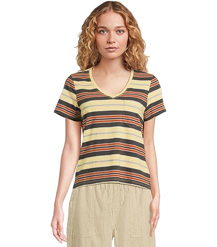 Toad&Co Womens Grom V Neck Short Sleeve Shirt Straw Stripe X-Small