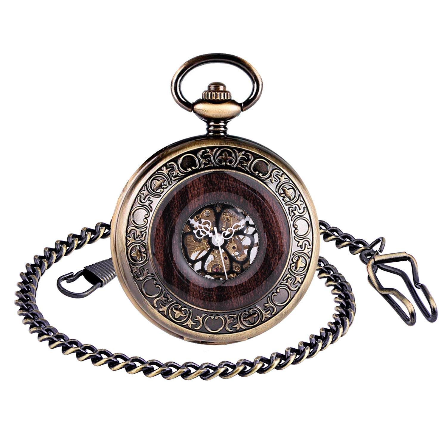 Unendlich U Infinite U Pocket Watch with Chain for Men Women, Vintage Pattern Engraving Hollow Mechanical Pocket Fob Watch with Roman Numeral Black dial Flower Pattern, Bronze Stainless Steel case