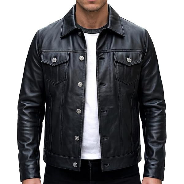 Mens Fitted Vintage Shirt Style Retro Leather Jacket Black Casual