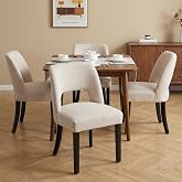 keoni Wooden Dining Chairs Set of 4 with Black Rubberwood Legs and Backrest | Mid Century Modern Upholstered Dining Room Chairs with Faux Linen Fabric, Farmhouse Kitchen Chairs for Dining Room, Beige
