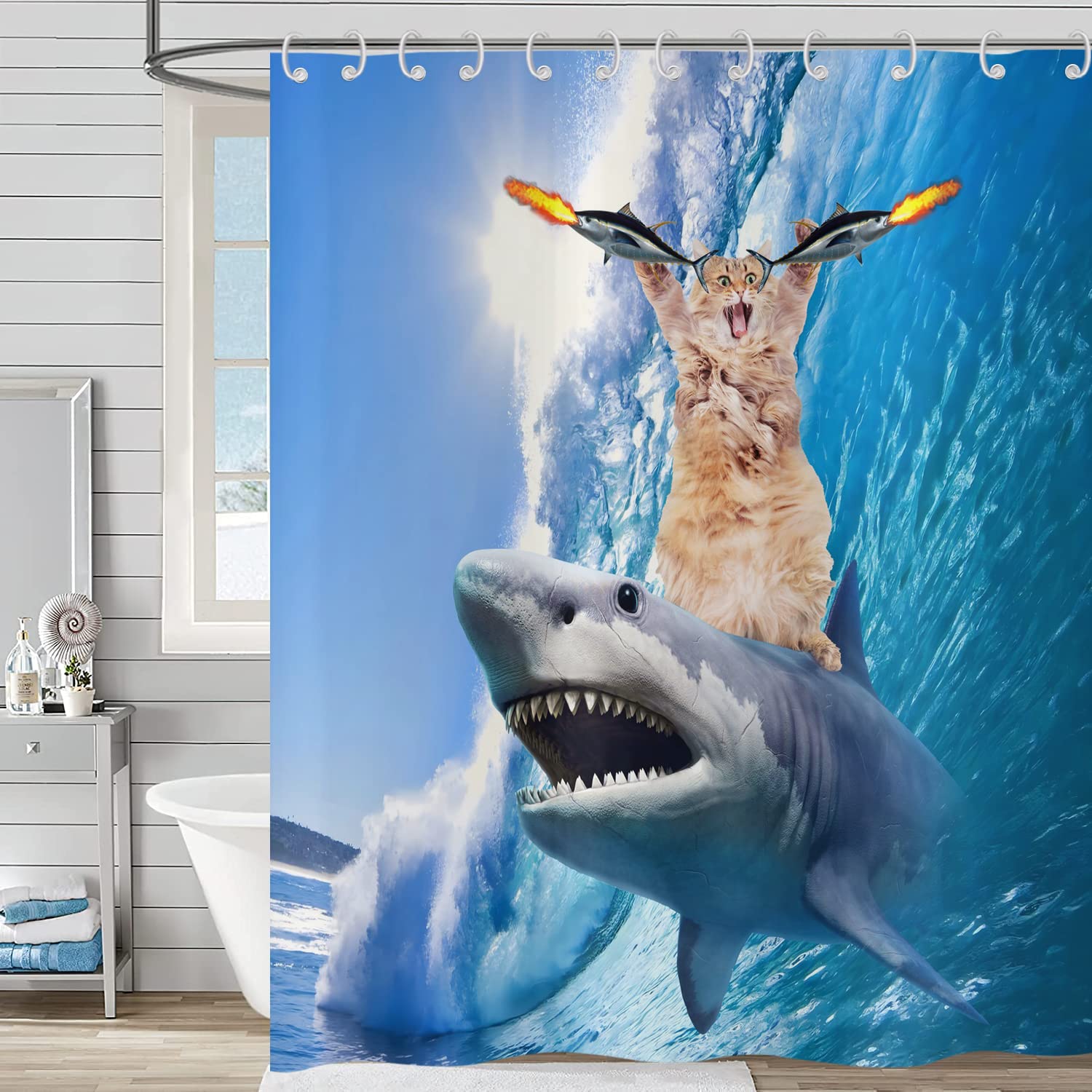 Hnmdmyi Funny Shower Curtain 180x180, Cool Cat Riding Shark Shower Curtains Ocean Sea Waves Fish Blue Cute Kids Boys Bathroom Curtains Waterproof Polyester Fabric Washable Bath Curtains with Hooks — image 1