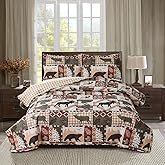 Rustic Lodge Quilt Set King Size Country Cabin Bedspread Coverlet King Moose Bear Reversible Patchwork Quilts Bedding Soft Lightweight Coverlets Forest Bear Farmhouse Bed Cover Sets with 2 Pillow Sham