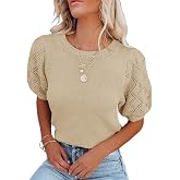 Womens Short Sleeve Sweaters Crewneck Knit Pullover Tops 2025 Summer Casual Lightweight Crochet Blouse Shirt