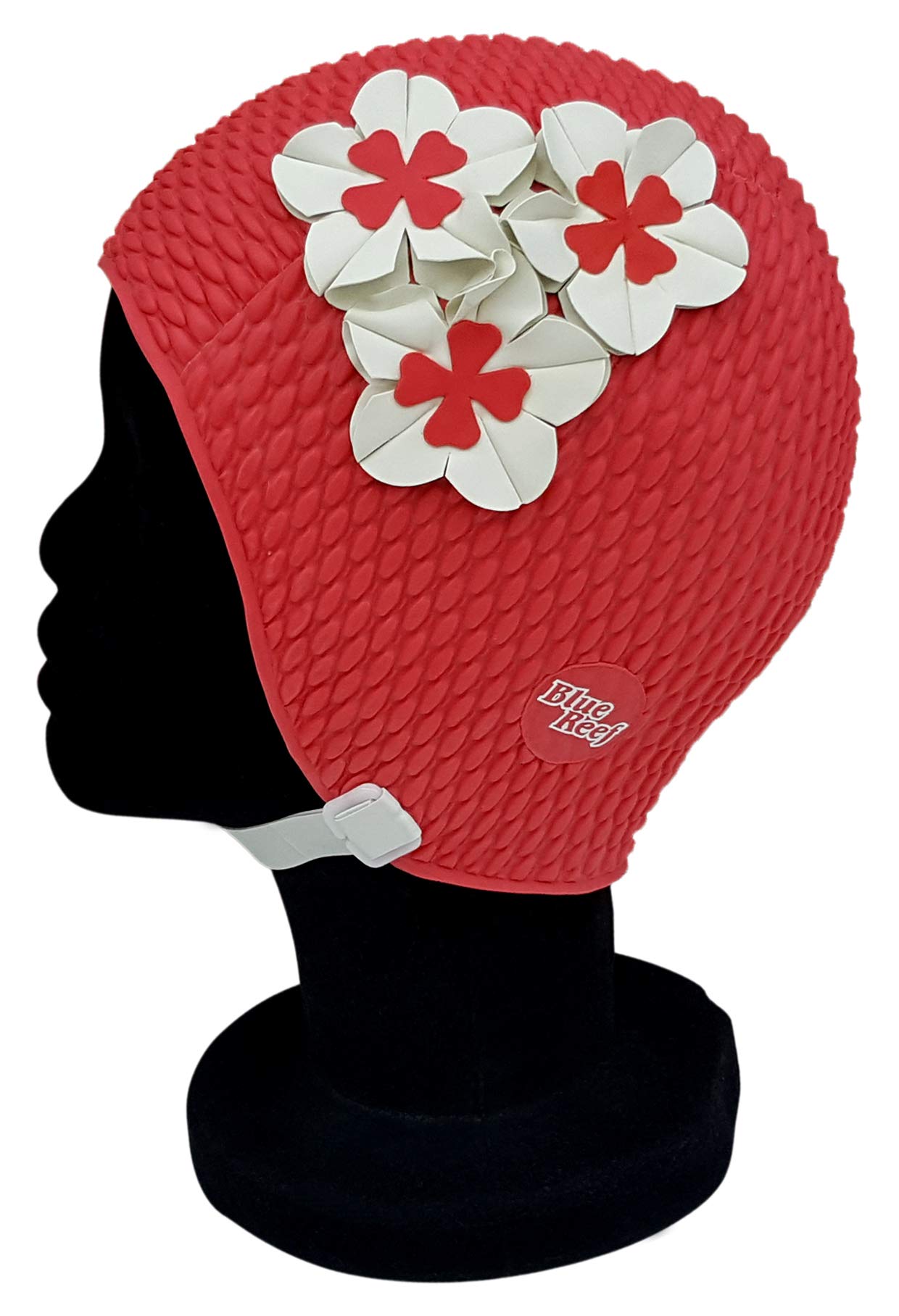 Blue Reef Tokyo Bubble Single Colour Floral Ladies Classic Retro 3 Flower 2 Colour Trio Of 3D Petal Stylish Vintage Swimming Hat Swim Cap One Size Adults With Adjustable Strap (Red/White)