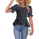 Womens Puff Short Sleeve Babydoll Tops Floral Summer Peplum Blouse Smocked Square Neck Loose Fit Ruffle Dressy Tee Shirts