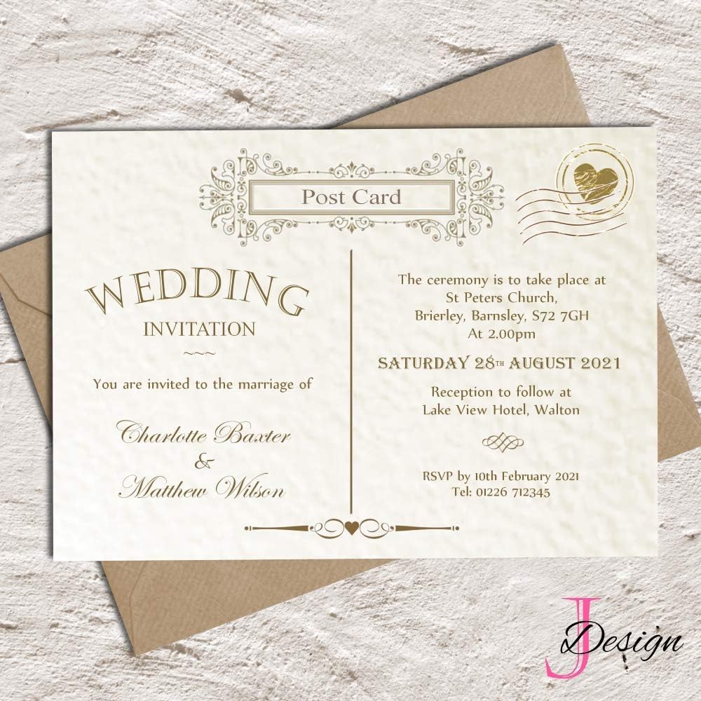 10 Personalised wedding day or evening night invitations with envelopes, Vintage postcard, ivory or white hammered card.