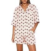 VFURYGD Women Satin Pajama Sets Cute Bow Print Short Sleeve Button Down Shirt and Shorts Pjs Lounge Sets Sleepwear