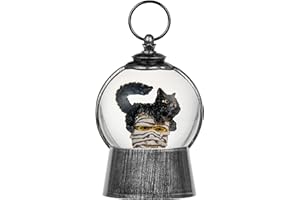LEYUPEAK Halloween Snow Globe Lantern with 6-Hour Timer, Light-Up Halloween Decorations Indoor, Scary Musical Snow Globe with Swirling Glitter, USB and Battery Powered Black Cat and Mummy
