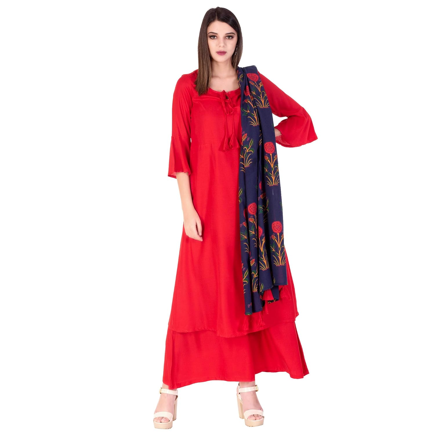 ortange readymade women's rayon kurta, palazzo with printed dupatta set