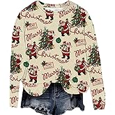 Huovud Vintage Christmas Shirts for Women Long Sleeve Vintage Santa Claus Shirts Fashion Christmas Holiday Tops
