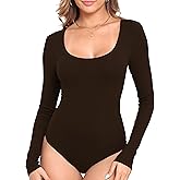 Roselux Womens Scoop Neck Long Sleeve Ribbed Knit Bodysuits Stretchy Basic T Shirt Body Suit Tops