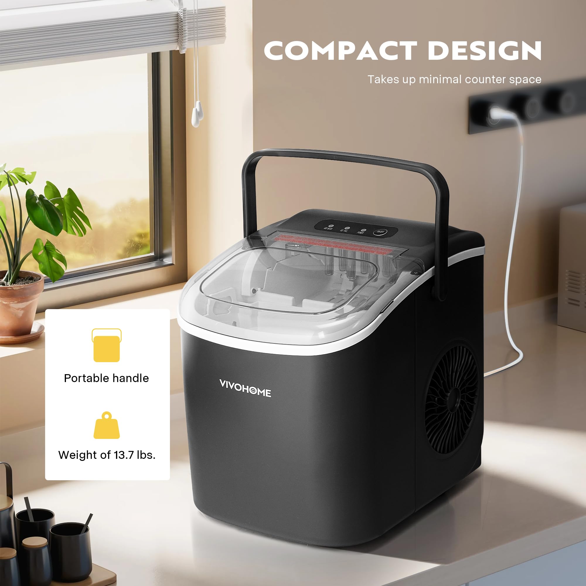 VIVOHOME Countertop Ice Maker with Handle 26lbs/Day 9 Ice Cubes in 6 Mins Portable Ice Maker Machine 10 Ice Bags and Self Cleaning Ice Cube Maker Black