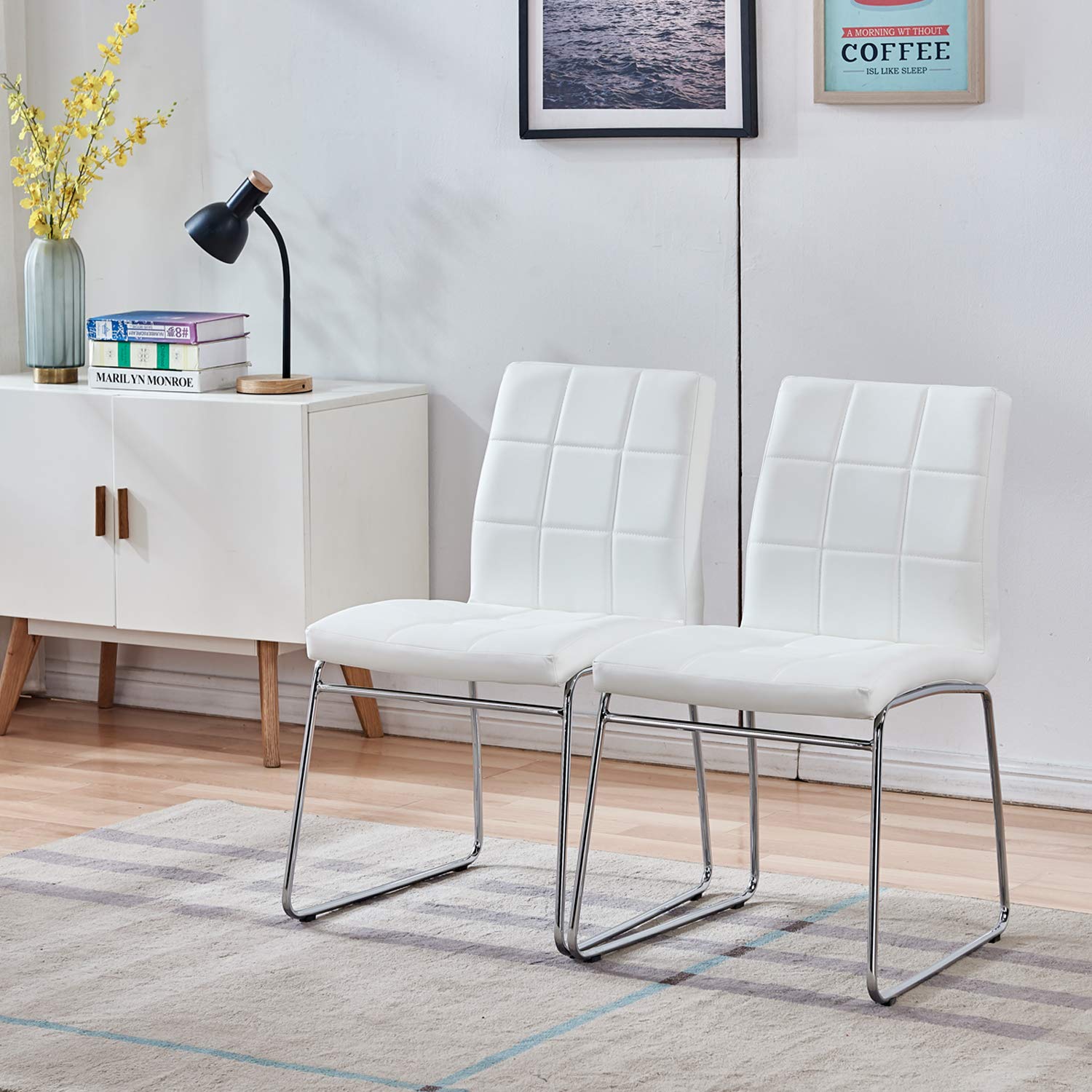 White Dining Chairs Set of 2 Faux Leather Dining Chairs, Comfortable