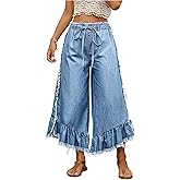 WDIRARA Women's Plus Size Ruffle Wide Leg Cropped Jeans Drawstring Waist Frayed Denim Pants