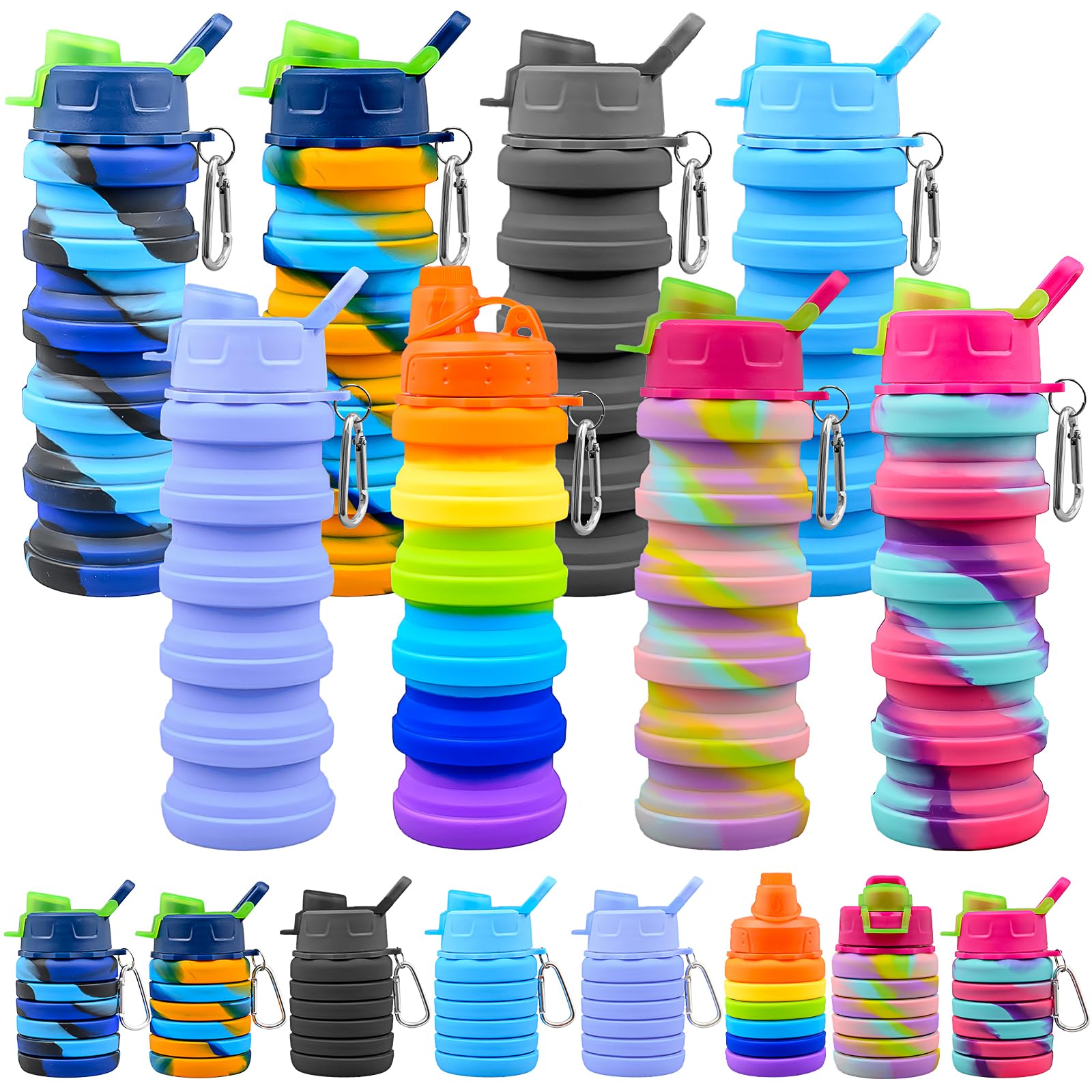 Xaztr 8 Pack Collapsible Sport Water Bottles, 500ml Silicone Foldable Water Bottles Portable Reusable Leakproof Water Bottle Bulk for Travel Camping Hiking (Mixed Color)