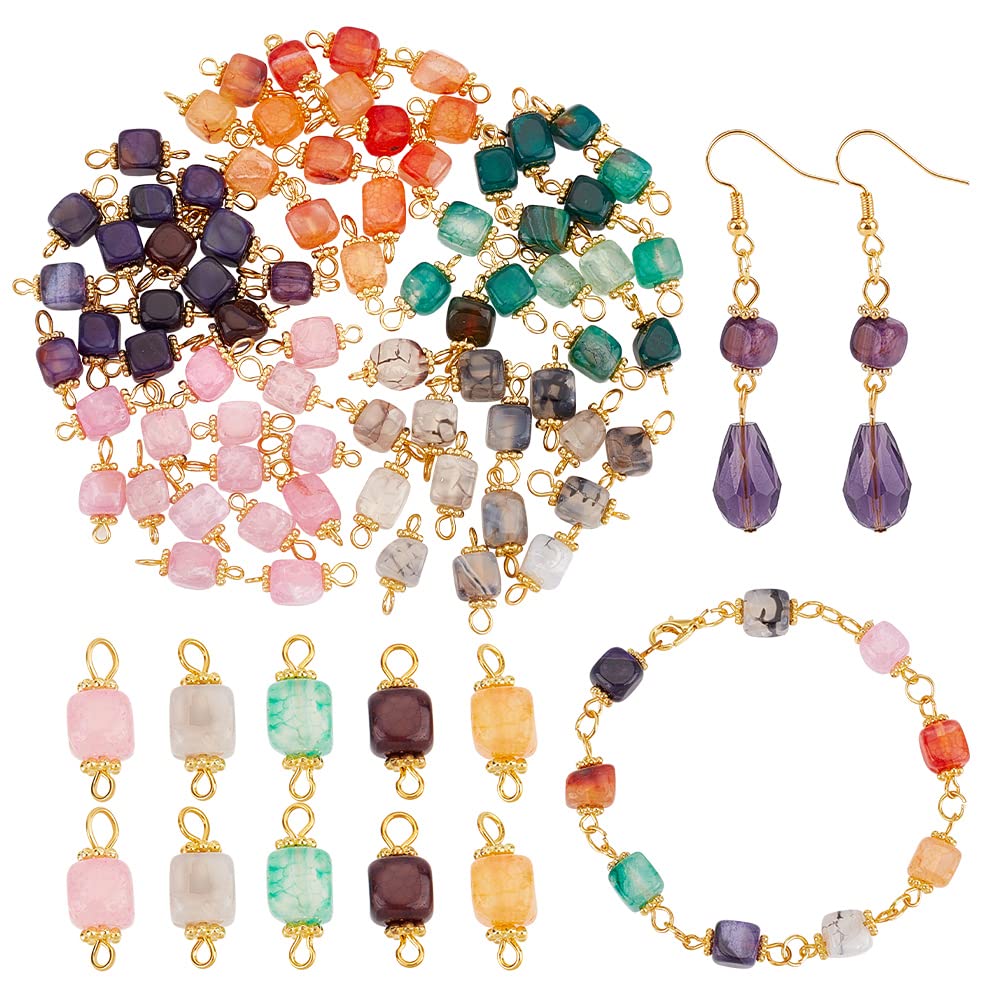 HOBBIESAY 80Pcs 5 Colors Natural Agate Beads Connector Glass Cube Linking Charms Colorful Cube Connector Charms 2 Hole Pendant Connectors for Jewelry Necklace Earring Making Hole: 2-3.5mm