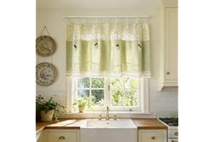 FeLoneny 1 Panel Tab Top Green Vintage Top Stitching Crochet Short Curtain Tier for Cafe Doorway Strap with Three-Color Woode