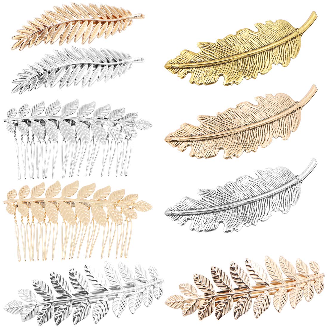 9 Pcs Metal Alloy Hair Clips,Vintage Feather Leaf Shaped Hairgrips Leaf Wire Teeth Hair Comb Slides for Women Ladies Girls